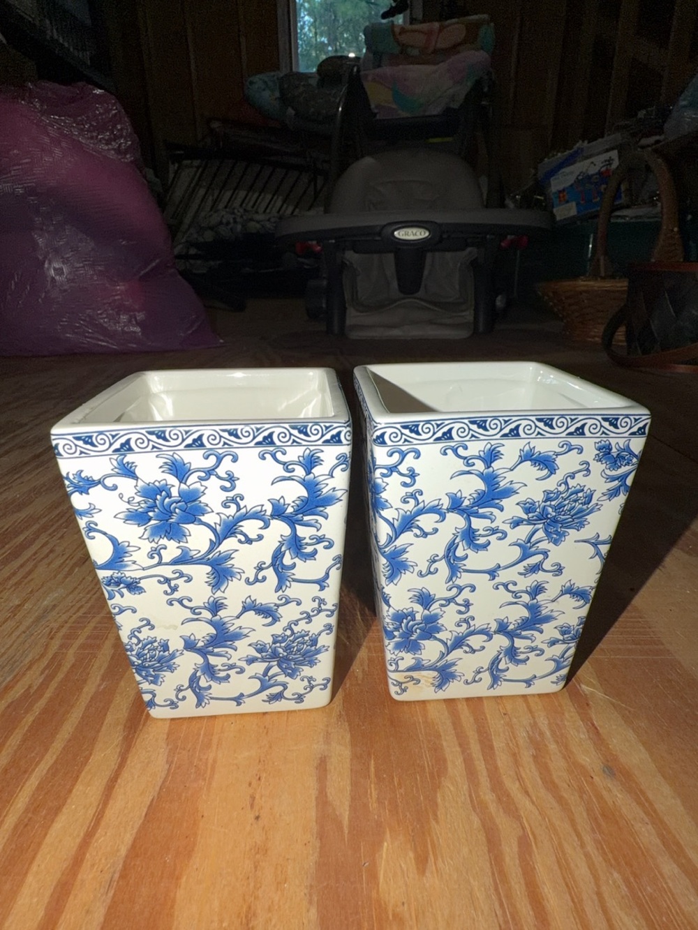 Blue and White Floral Ceramic Planter Pair - Classic Decorative Vases